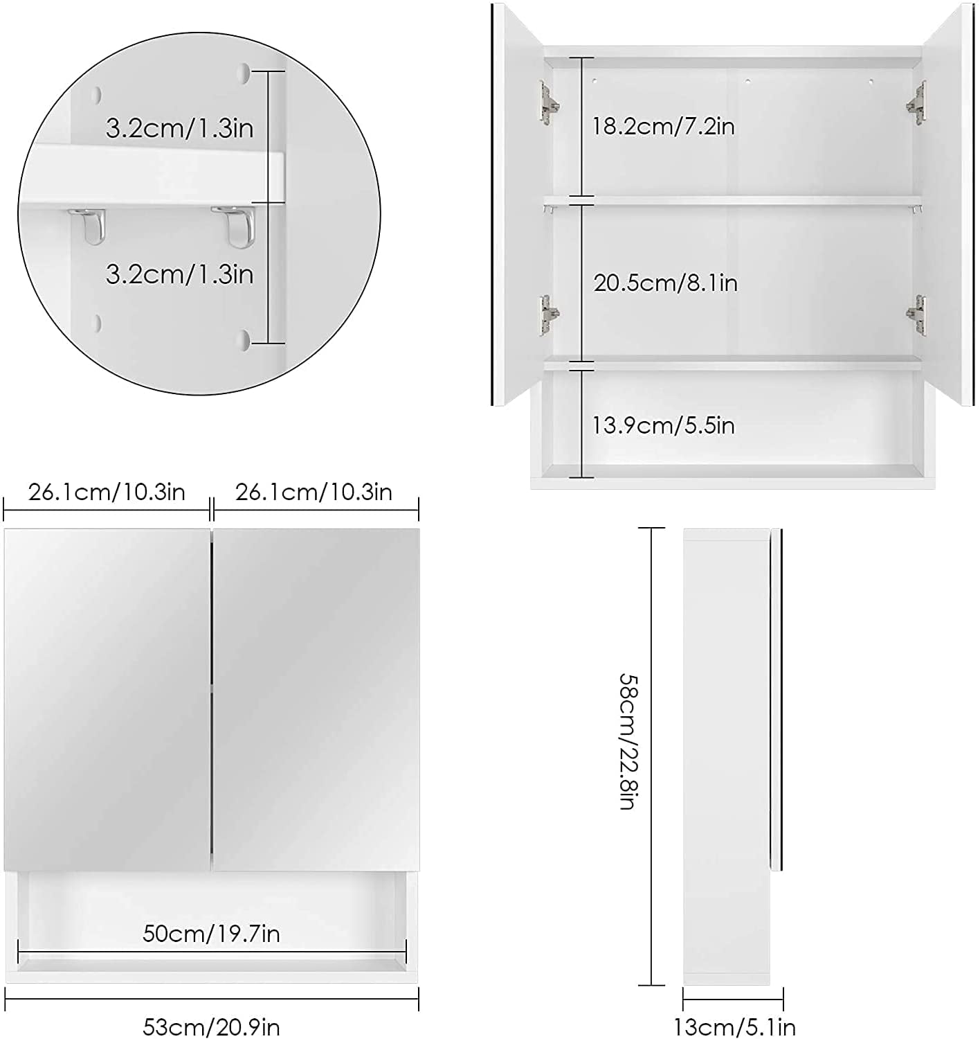 Homfa Medicine Cabinet with Shelf, 2 Door Wall Mount Storage Mirror Cabinet for Bathroom, White