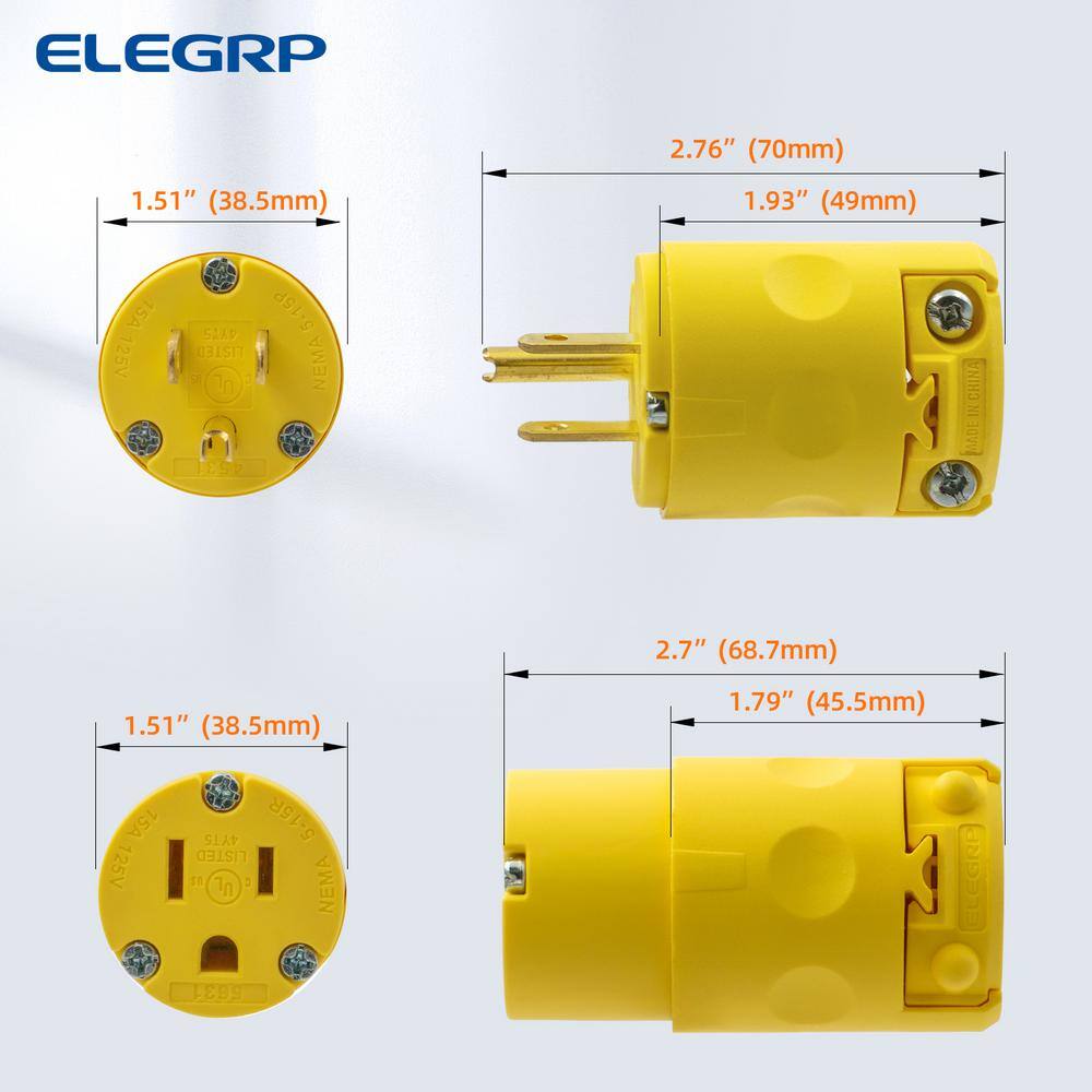 ELEGRP Straight Blade Plug and Connector Set 15 Amp 125 Volt NEMA 5-15P NEMA 5-15R 2 Pole 3 Wire Grounding Yellow (1 Set) EPC31-0701