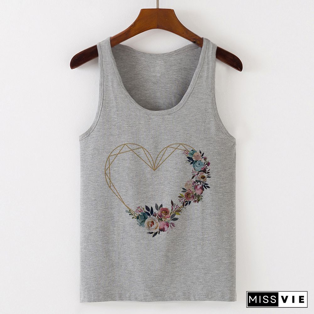 Summer Tank Tops Heart Flower Love Graphic Print Ladies Sexy Vest Camisole Women Tops Tee Tshirt Female Casual Loose Sleeveless