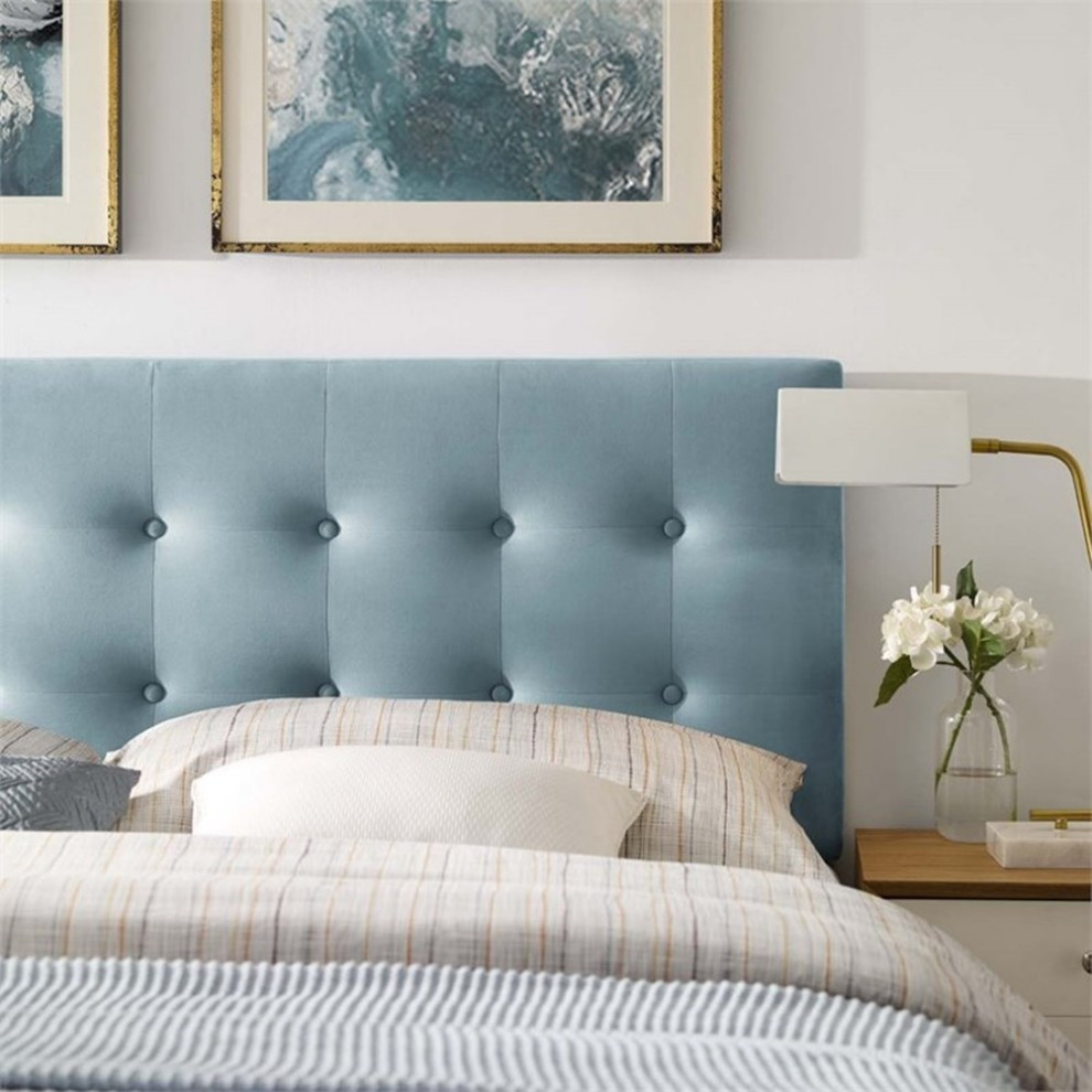 Pemberly Row Modern Fabric Biscuit Tufted Velvet Queen Headboard in Light Blue   Transitional   Headboards   by Homesquare  Houzz