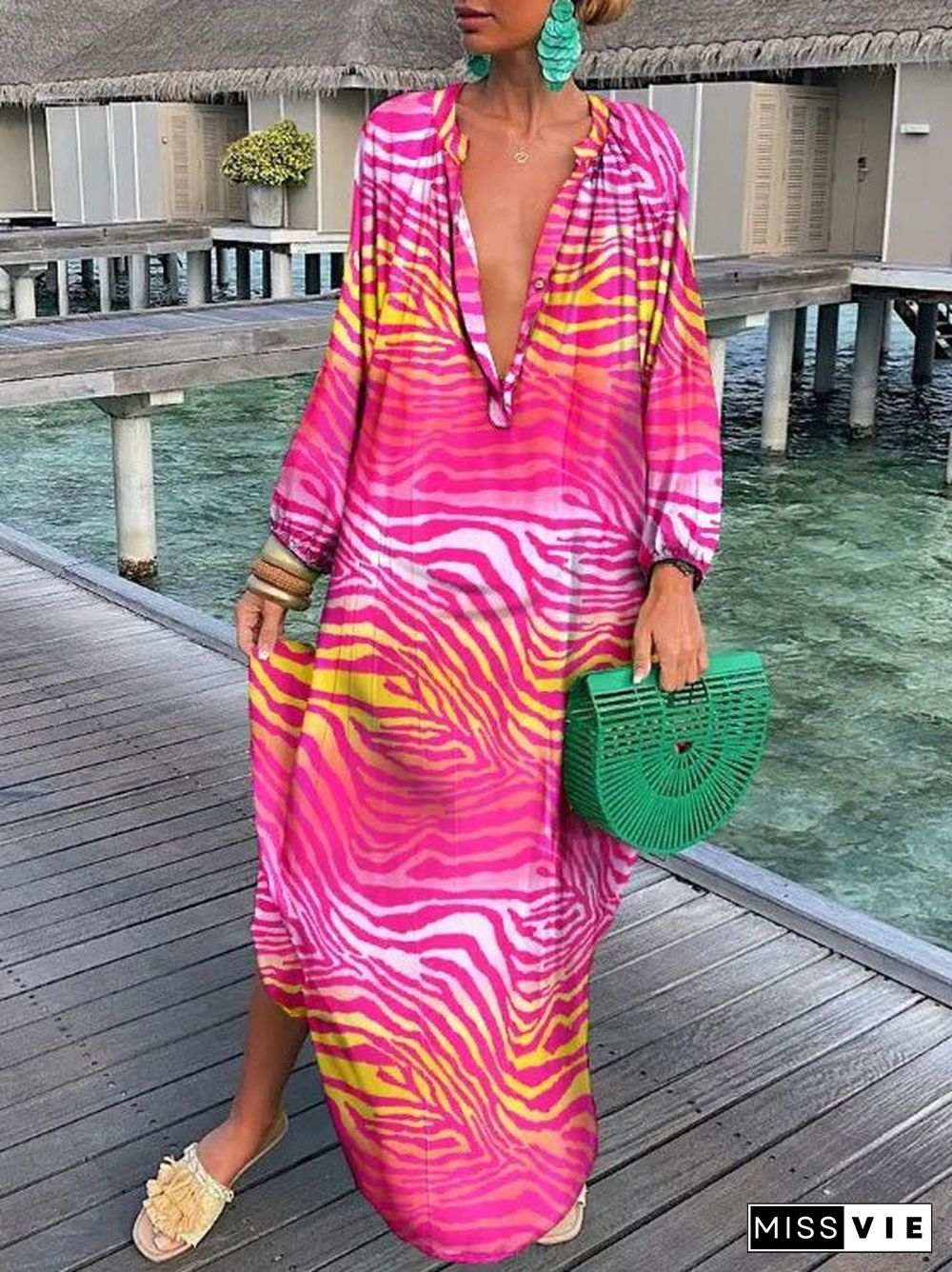 Women'S Dresses Loose V-Neck Long Sleeve Print Dress