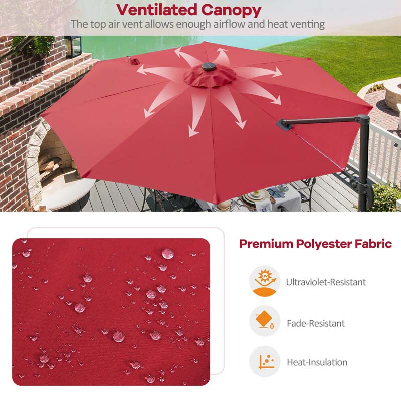 10 FT Cantilever Offset Patio Umbrella 28 Solar LED Lighted Market Umbrella with 3-Tilt Position, Crossed Base