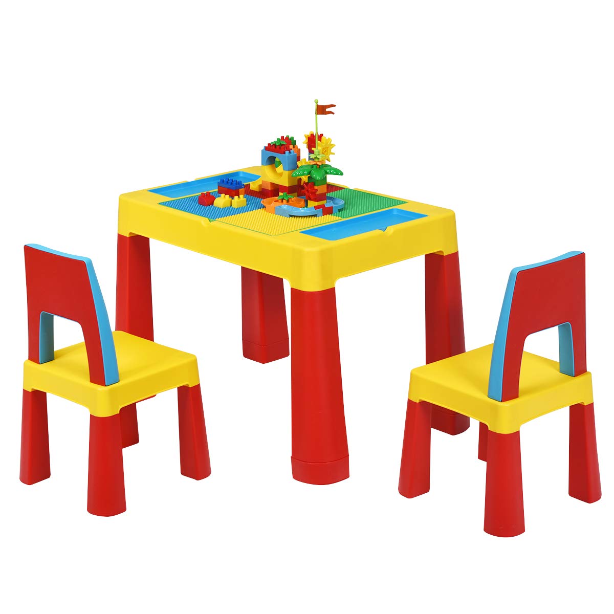 Costzon 7 in 1 Kids Table and 2 Chair Set, Children Building Block Table with Storage