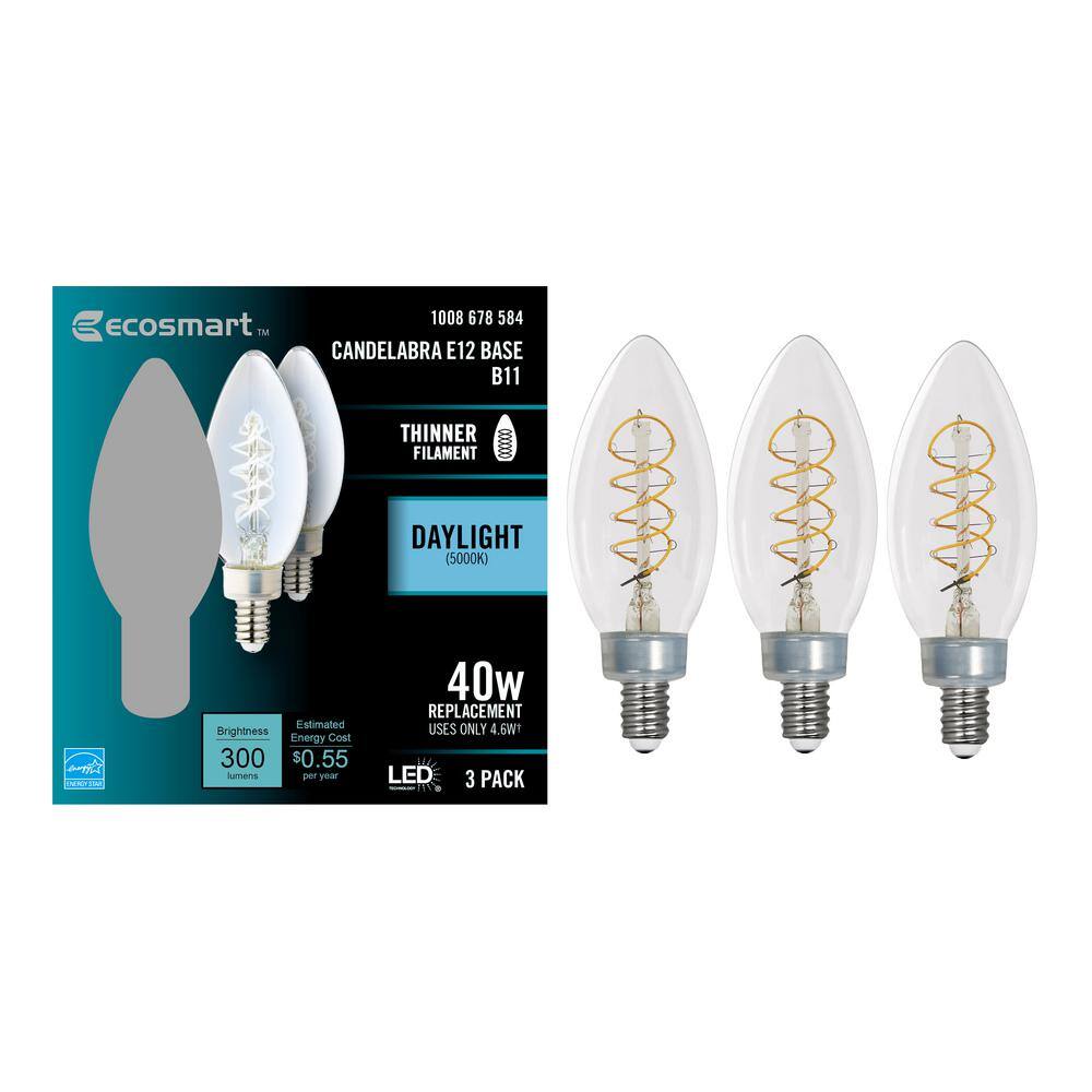 EcoSmart 40-Watt Equivalent B11 Dimmable E12 Candelabra Fine Bendy Filament LED Vintage Edison Light Bulb Daylight (3-Pack) B11C5DE12850S