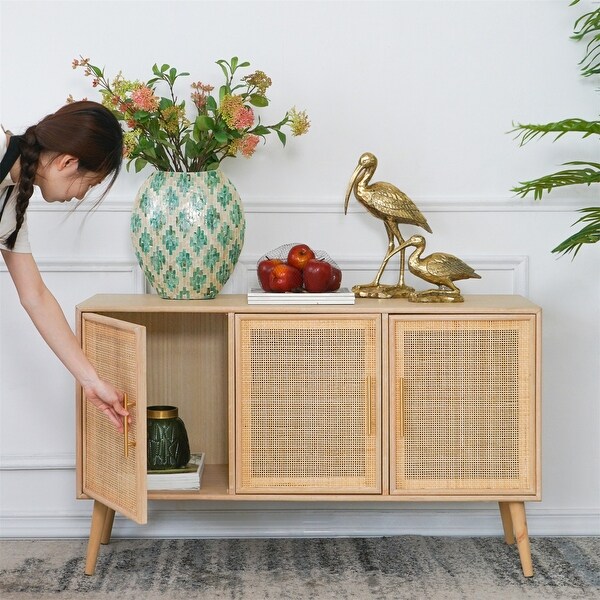 Dresser Storage Cabinet with Natural Rattan Decorated Door - - 37834884