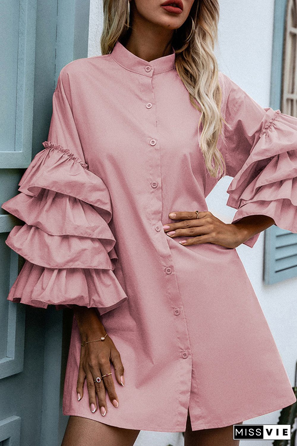 Pink Pile Ruffle Sleeves Button Up Shirt Dress