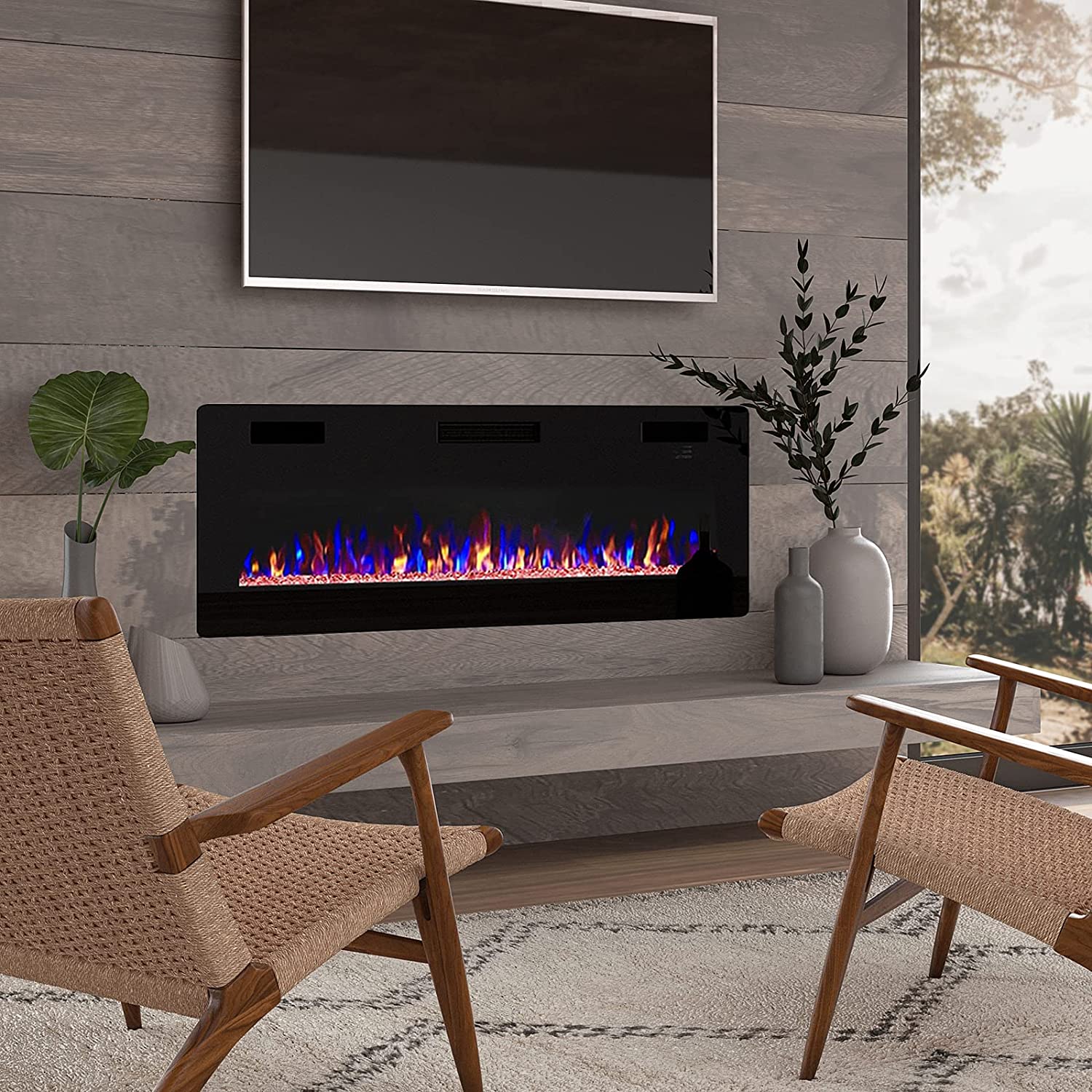 BOSSIN 60 inch Electric Fireplace, Recessed Wall Mounted Electric Fireplace inserts,Ultra Thin Adjustable Flame Colors & Speed Fireplace with Touch Screen and Remote Control