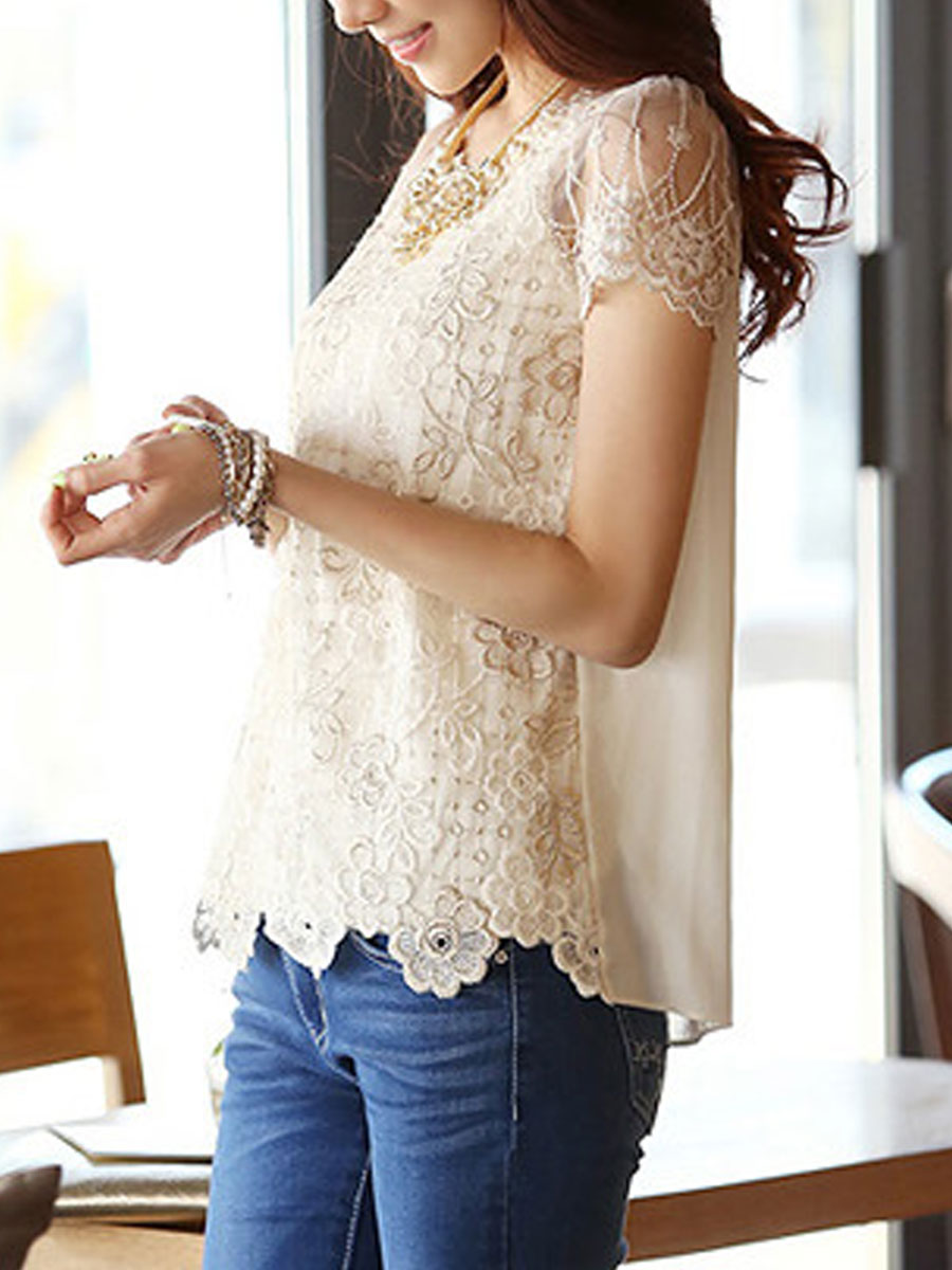 Spring Summer  Lace  Women  Round Neck  Decorative Lace  Lace  Short Sleeve Blouses