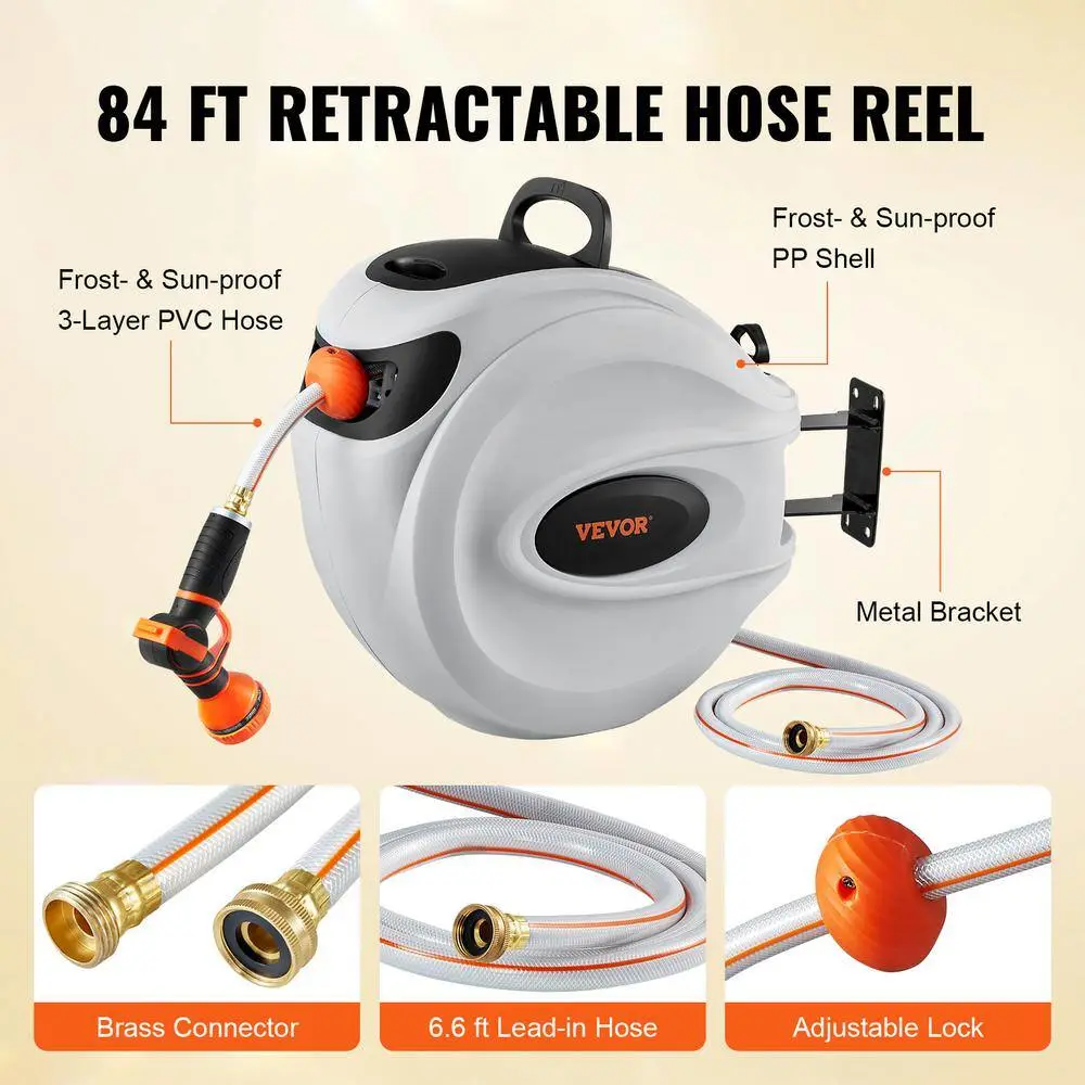 VEVOR Retractable Hose Reel 58 in. Dia x 84 ft. Garden Water Hose Reel w9-Pattern Nozzle 180 Swivel Bracket Wall-Mounted KSSJGQHTSH84FX14OV0