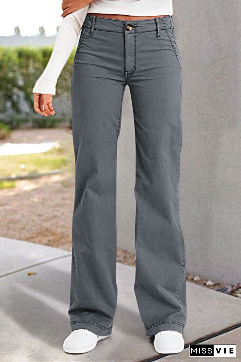 Solid Pocket Detail Mid Waist Wide Leg Pants