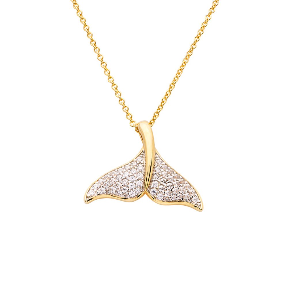 Ocean  Whale Tail Necklace with Cubic Zirconias - 14K Gold Vermeil