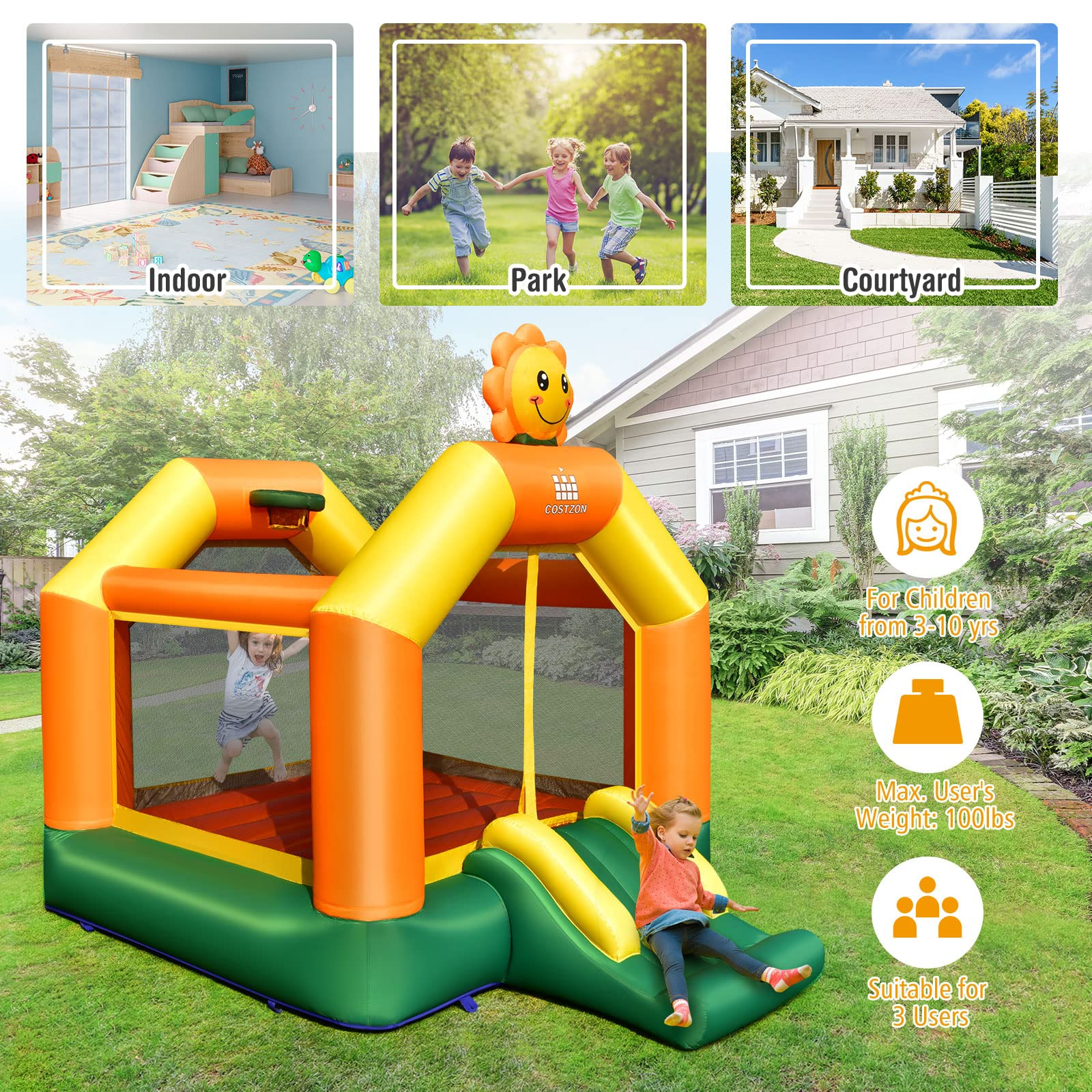 Costzon Inflatable Bounce House, Sunflower Theme Jump with Slide Bouncer w/ Jumping Area