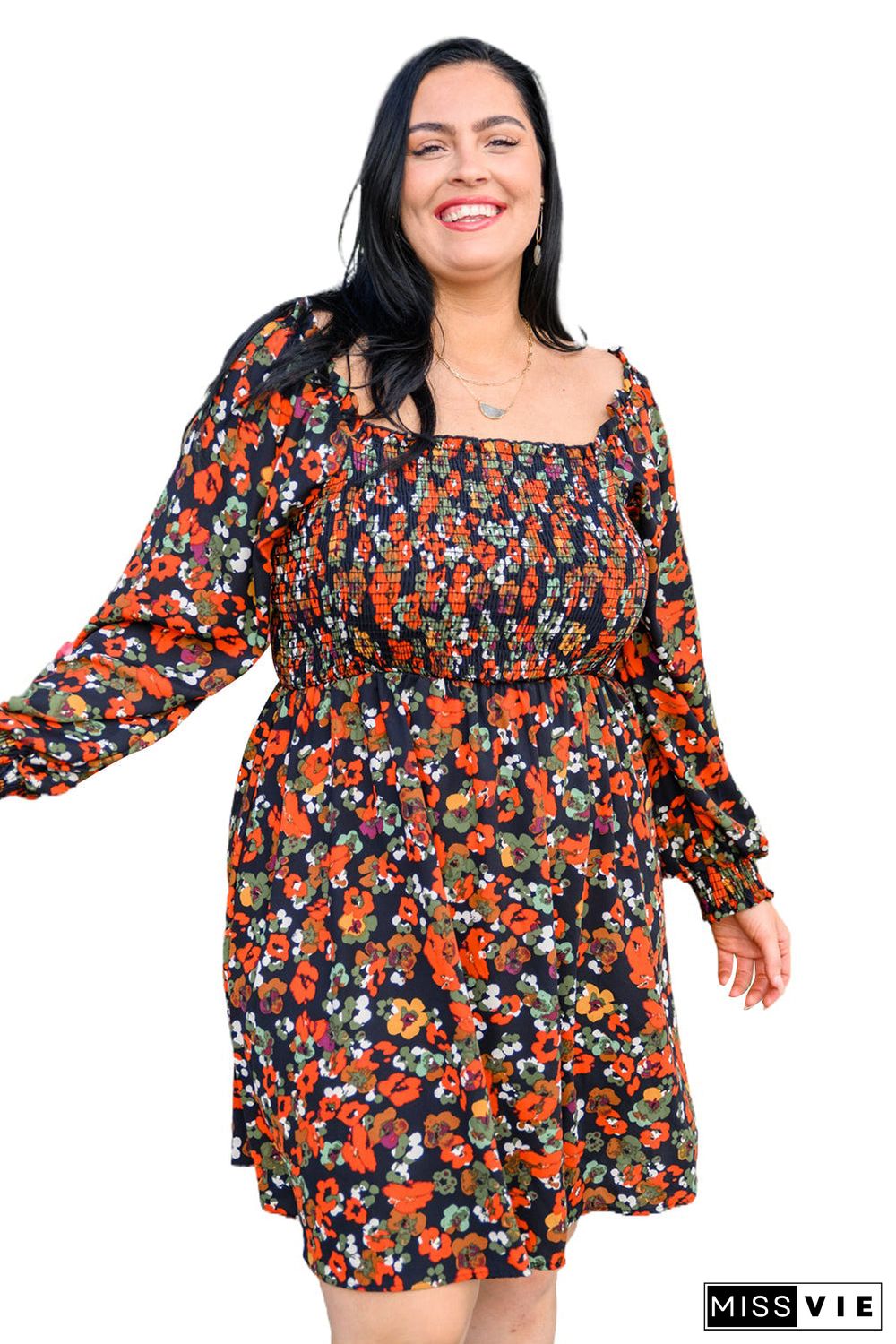 Multicolor Plus Size Smocked Long Sleeve Floral Dress