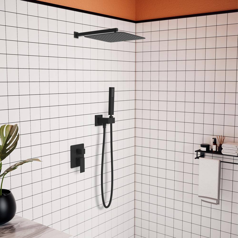 GIVING TREE 2-Spray Patterns with 12 in Wall Mount High Pressure Shower Faucet with Hand Shower in Matte Black(Valve Included) HDBTSY0001