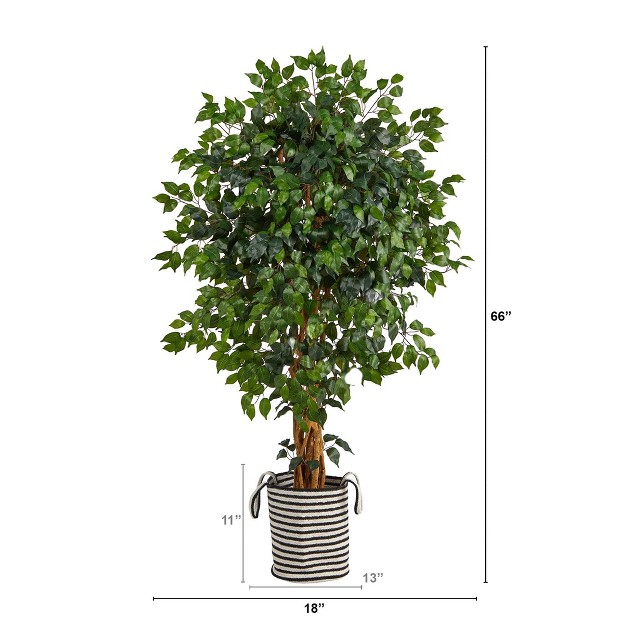 Nearly Natural 5.5-ft Palace Ficus Artificial Tree In Handmade Black And White Natural Jute And Cotton Planter