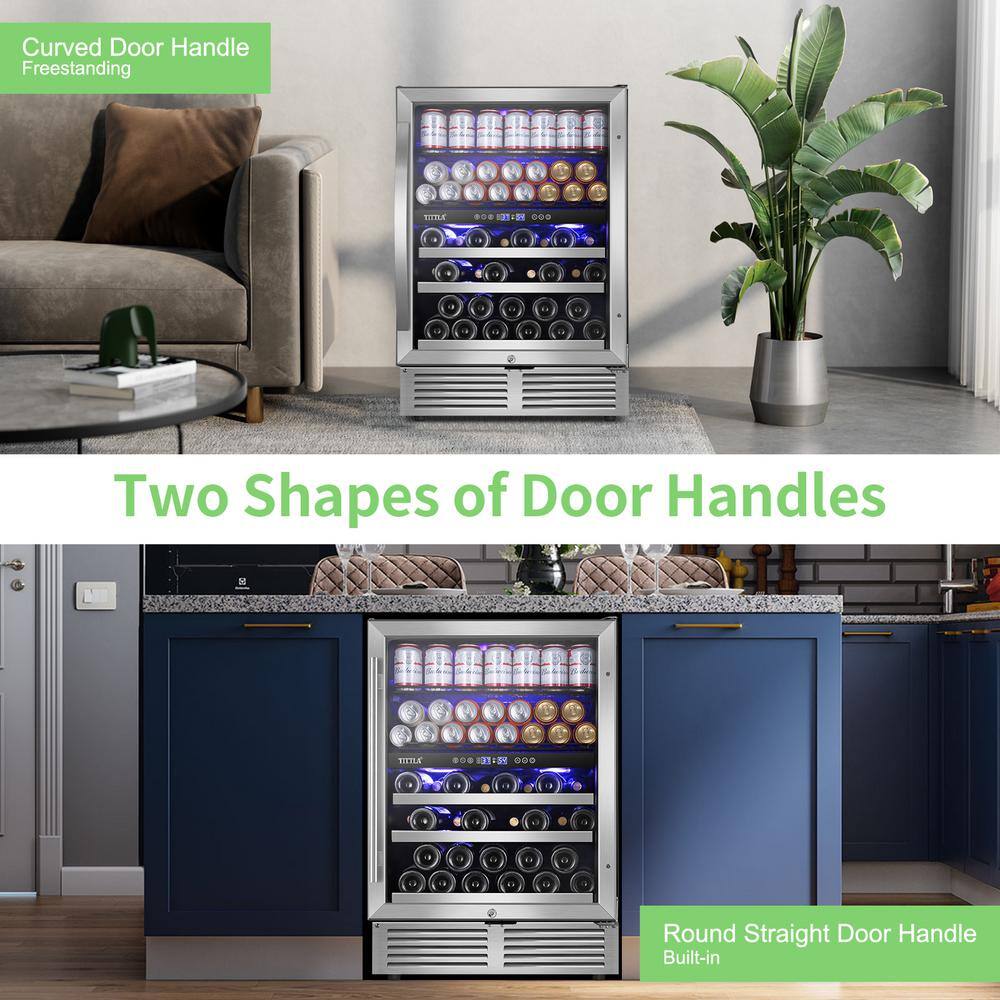 TITTLA 23.47 in. Dual Zone 29-Wine Bottles  90-Cans Beverage  Wine Cooler in Silver Reversible Door Hinge Interior Blue LED KMYC150-2