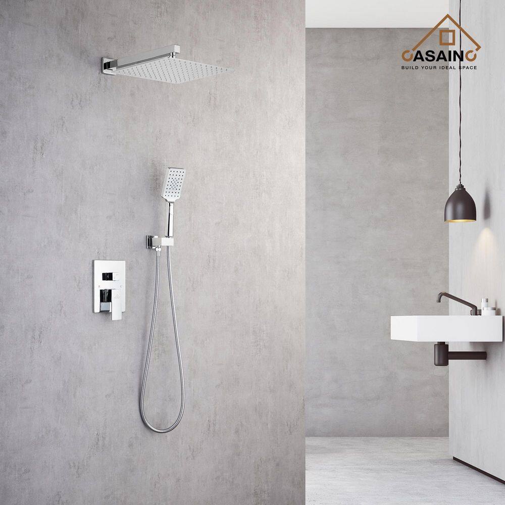 CASAINC 3-Spray Patterns with 2.5 GPM 12 in. 2 Functions Wall Mount Handheld Shower Head in Chrome (Value Included) W98102CP-12