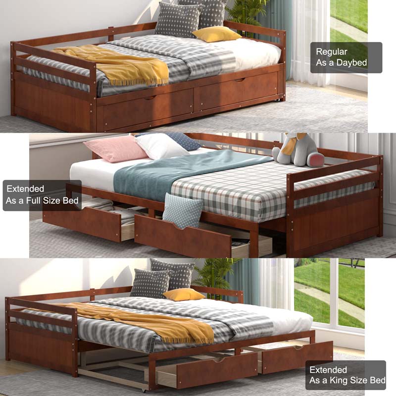 Extendable Twin to King Daybed with Trundle & 2 Storage Drawers, Dual-use Modern Sofa Bed with Roll Out Bed Frame