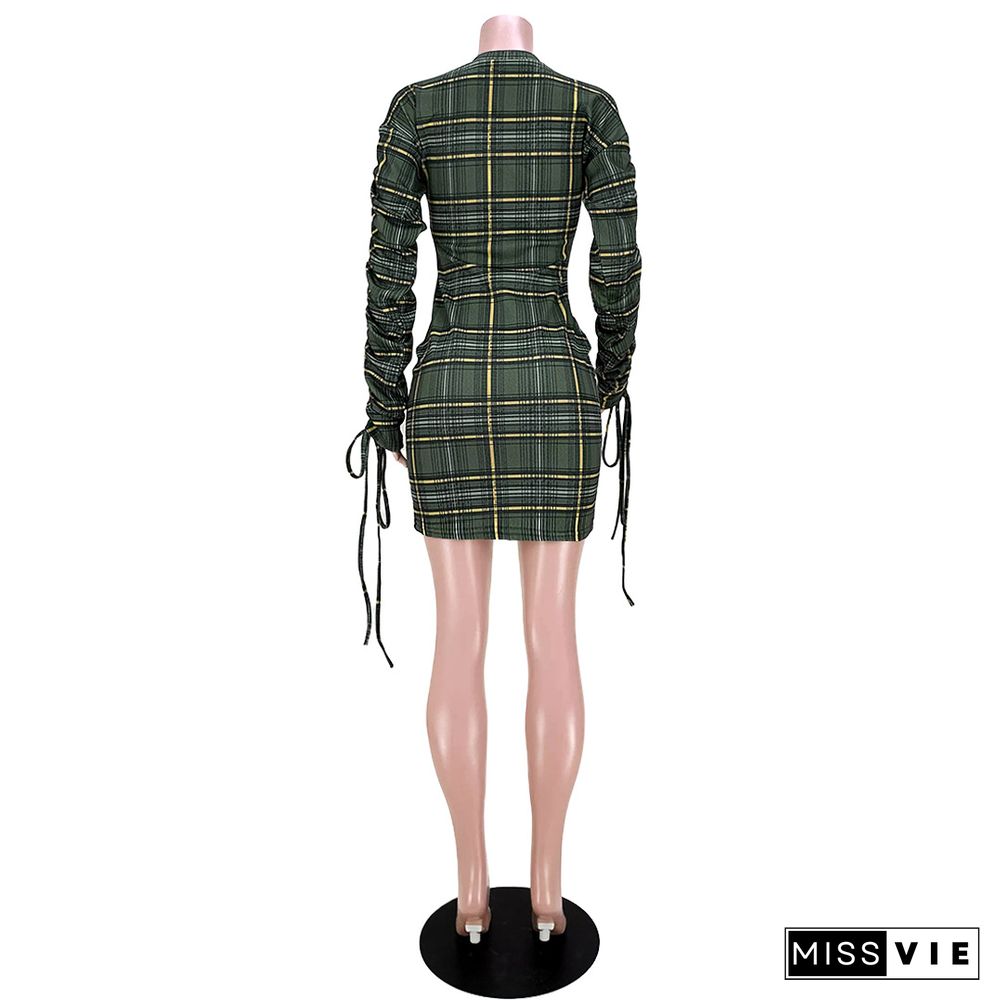 Plaid Print Pleated Sleeves Skinny Pencil Dress