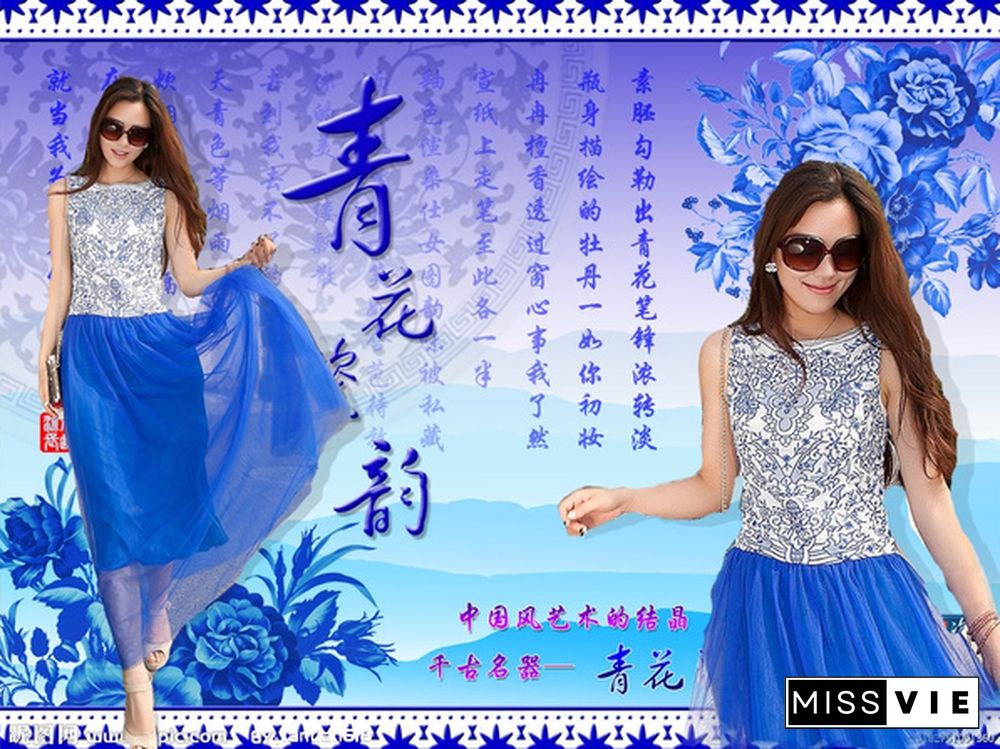 spring occident Retro Blue and white porcelain Printing short sleeve dress