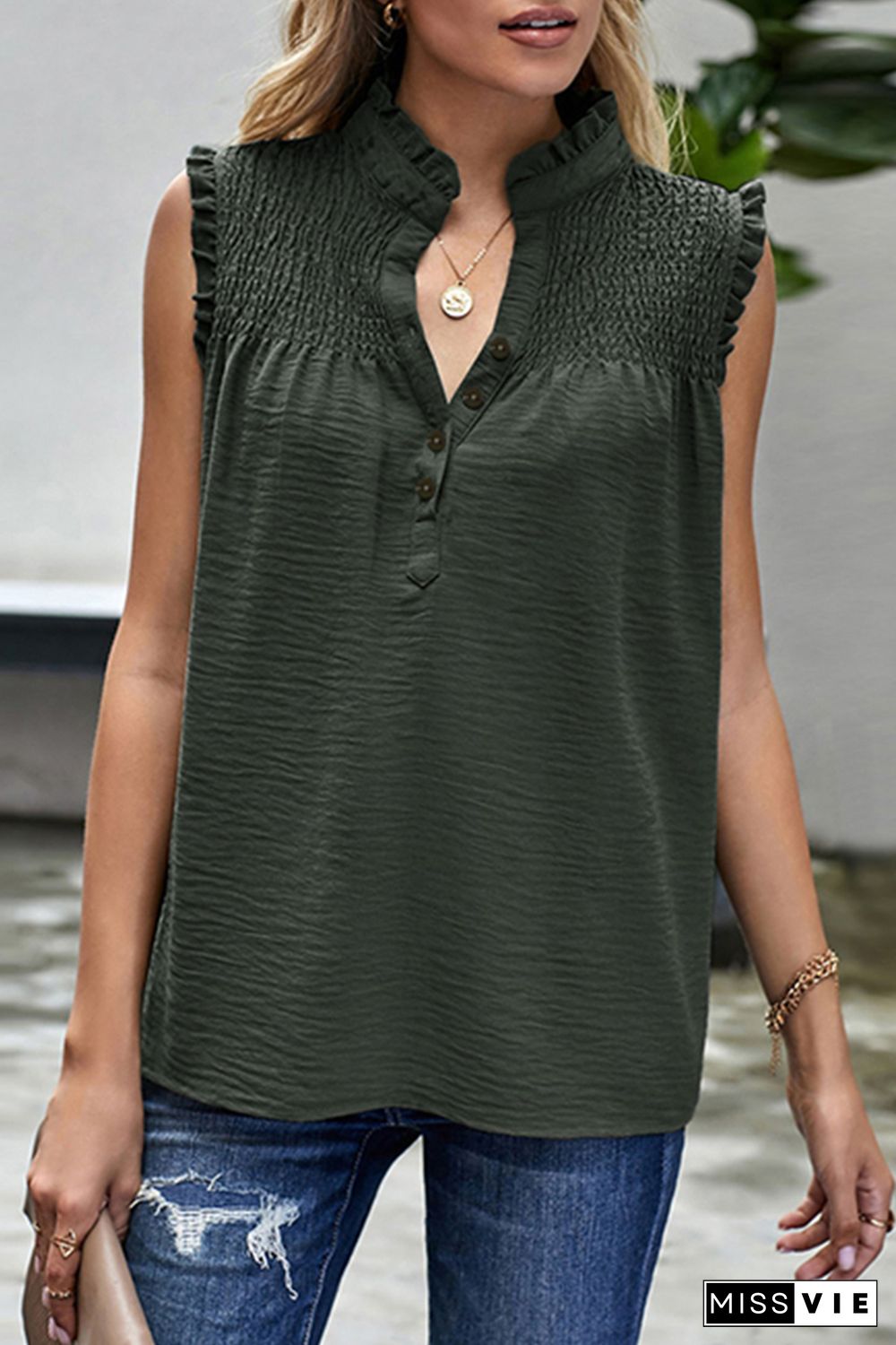 Green Frilled Tank Top with Buttons