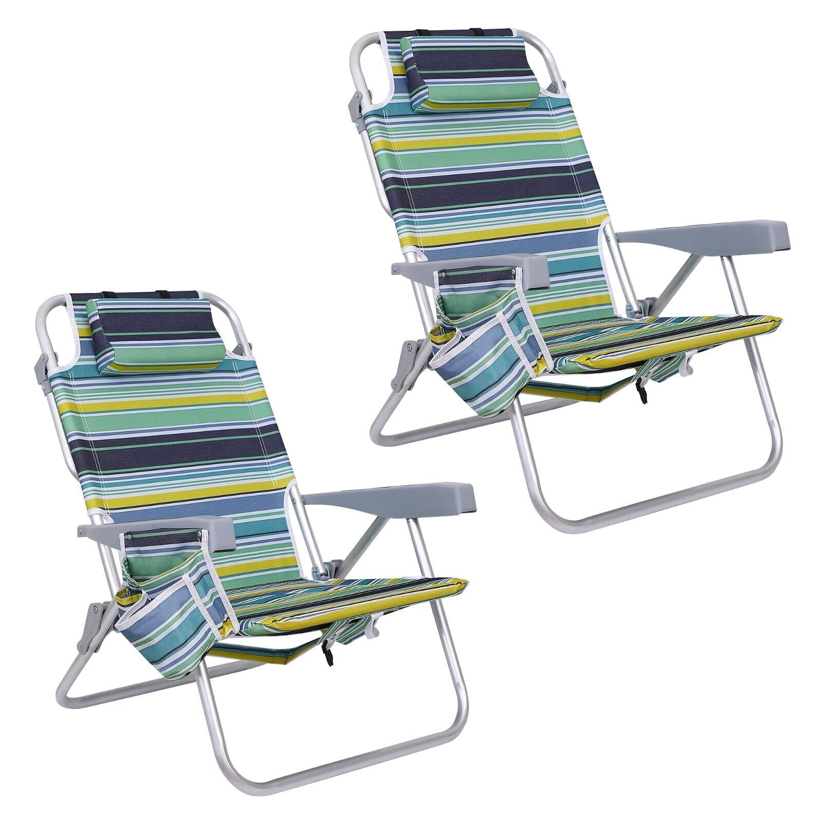 Beach Chair， Backpack Folding Chair with High Back Cooler Bag， 5-Position Reclining with Headrest， Armrest， Large Storage Pouch and Cup Holder (2-Pack Stripe)