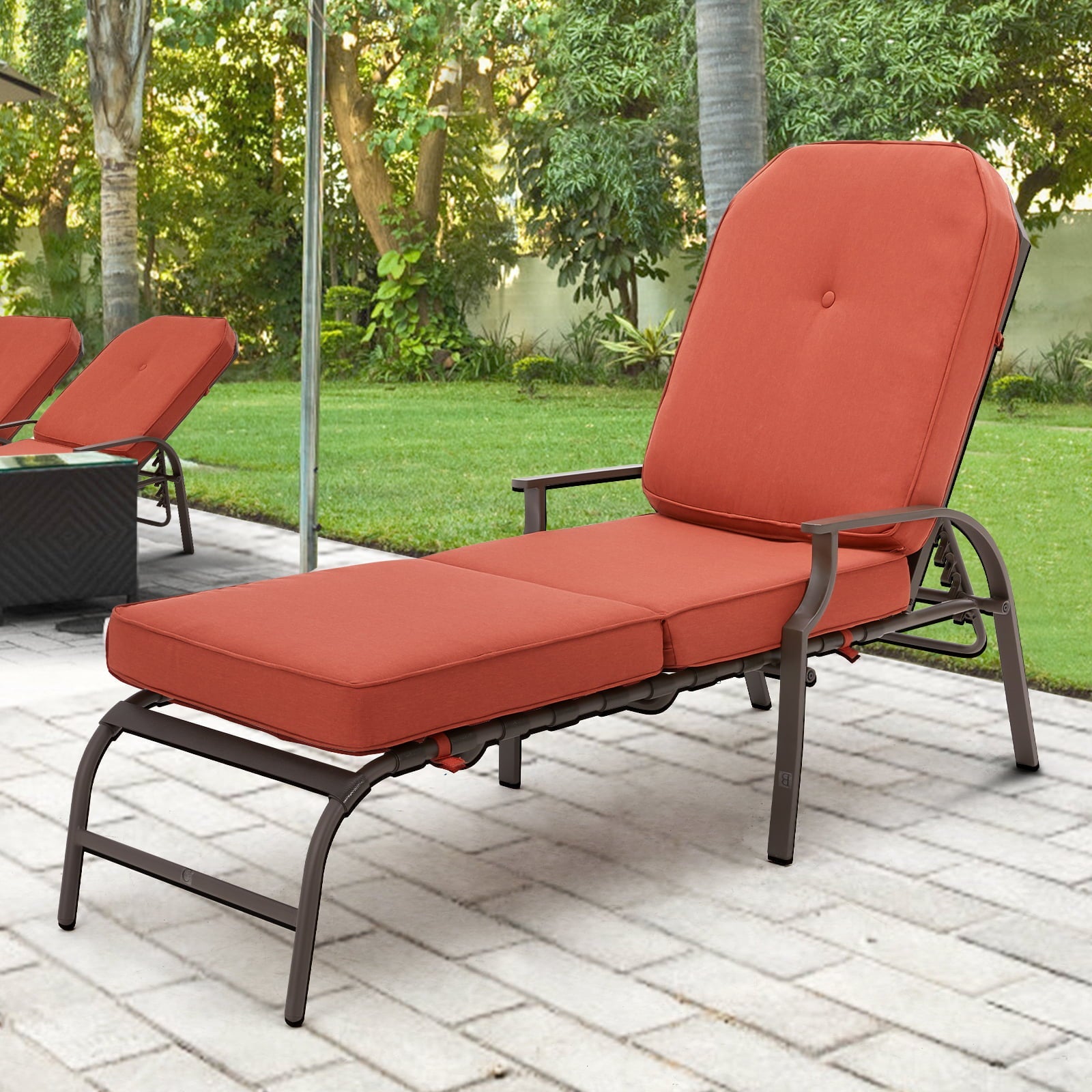 YODOLLA Adjustable Patio Lounge Chair with Thick Cushion Outdoor Chaise Lounge Recliner, Red