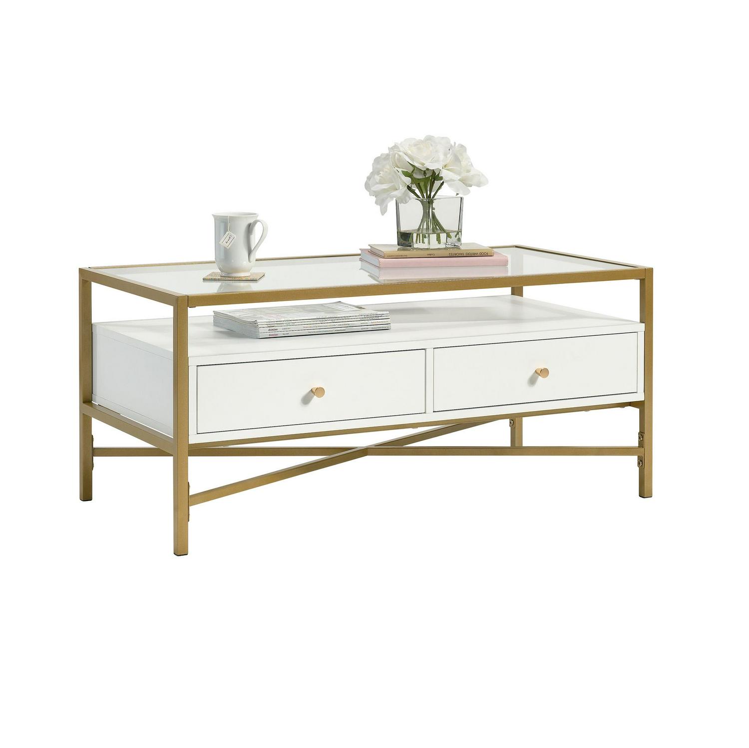 Curiod Glass Top Gold Metal Rectangular Coffee Table with Storage White Finish  Crowdfused