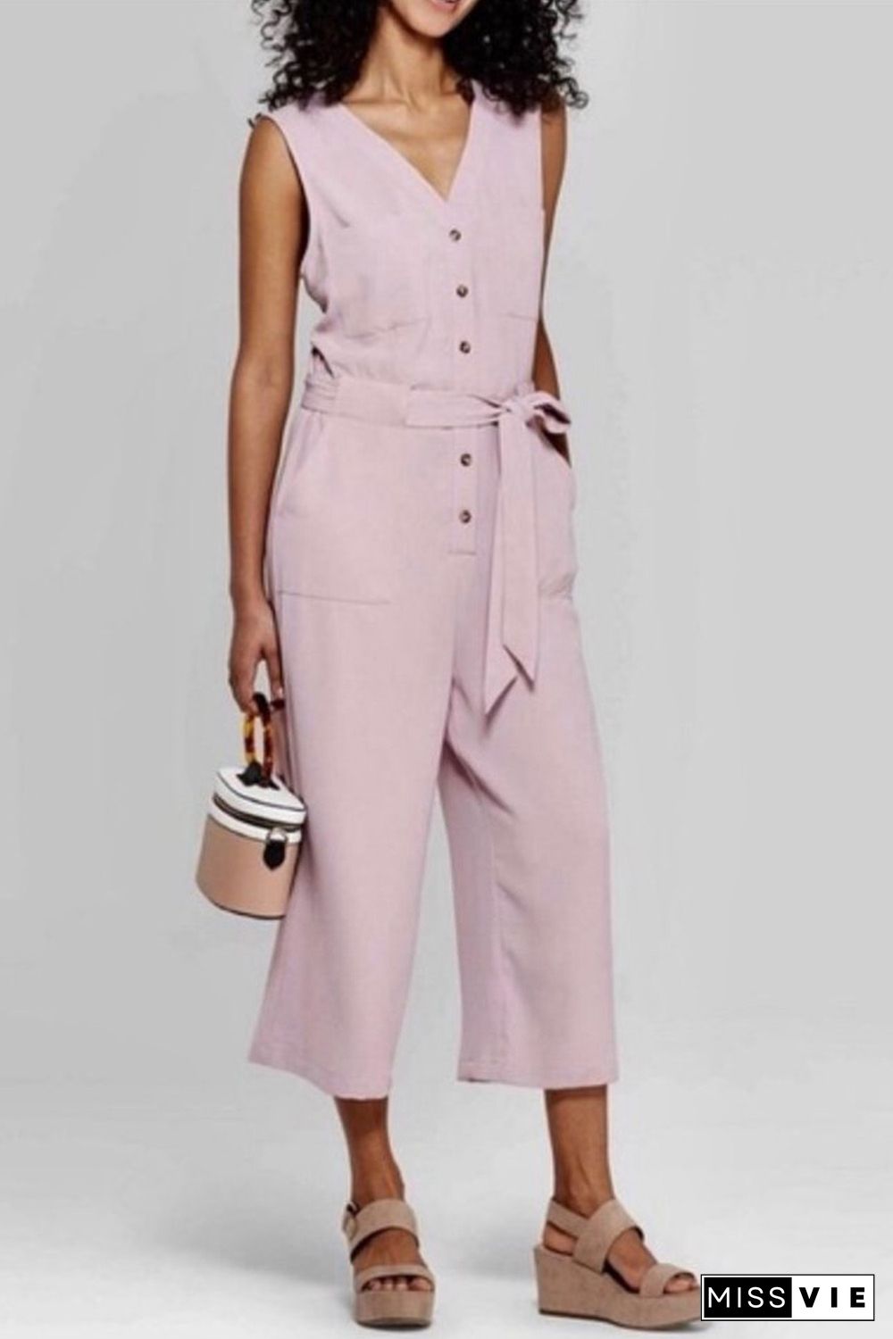 Pink Buttoned Sleeveless Cropped Jumpsuit with Sash