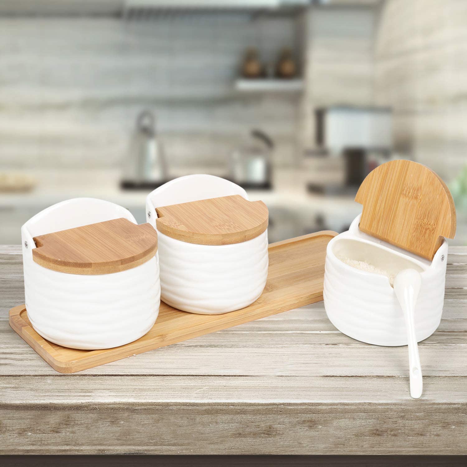 NEX White Ceramic Sugar Bowls， Set of 3 with Bamboo Lids and Spoon