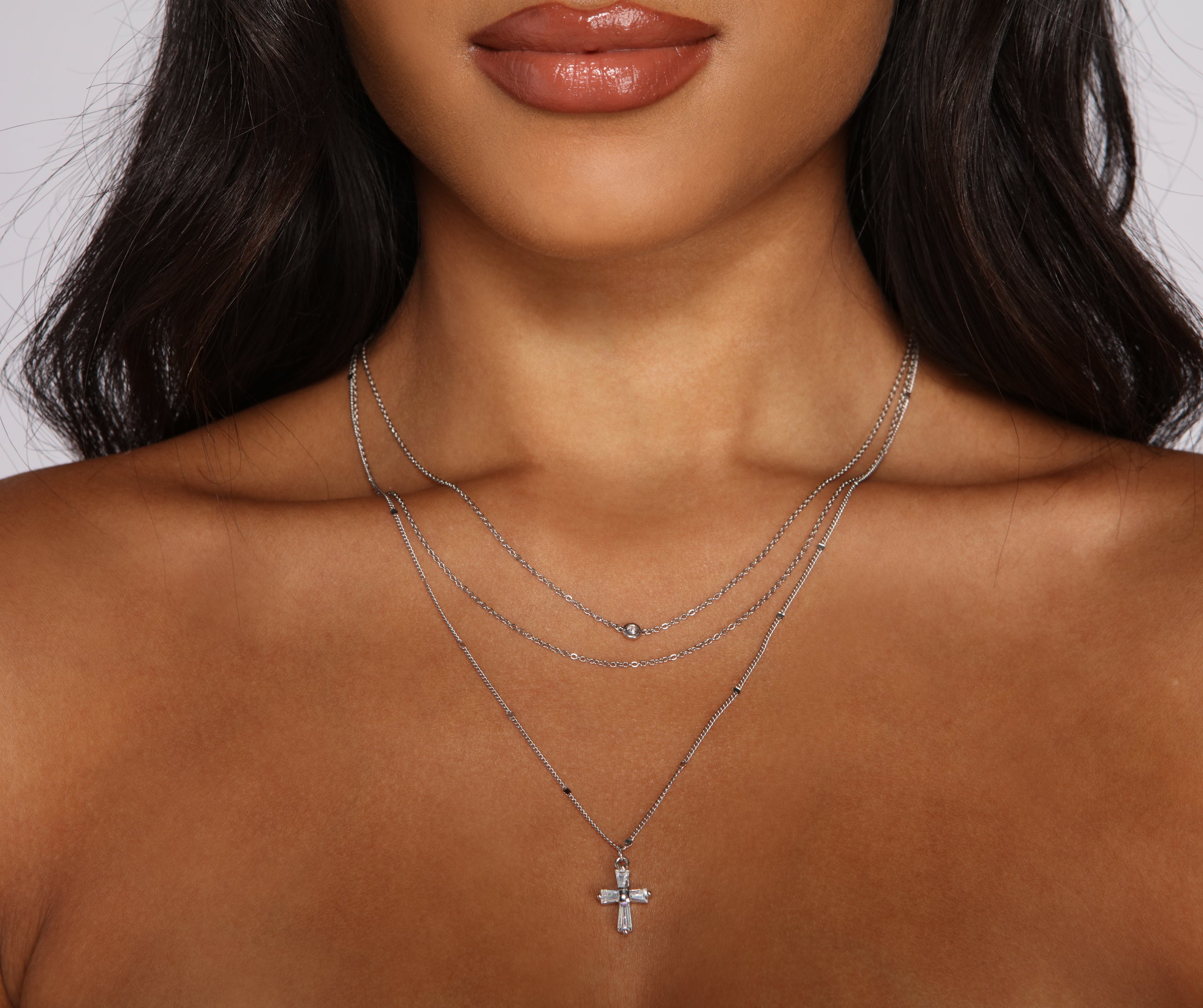 Dainty Three Row Cross Charm Necklace