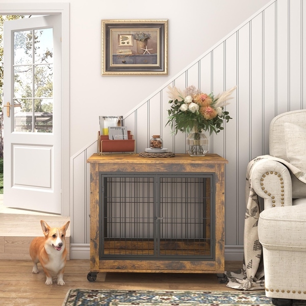 End Table Dog Cage with Double Doors on Casters