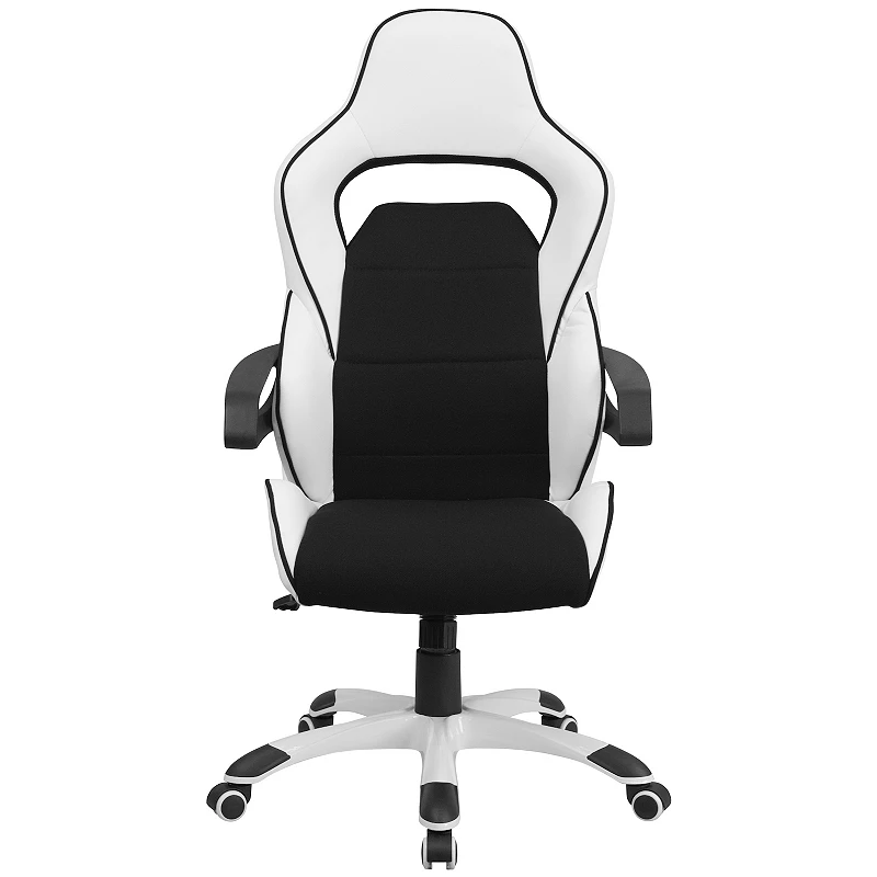 Emma and Oliver High Back White Vinyl/Black Fabric Executive Swivel Arm Office Chair