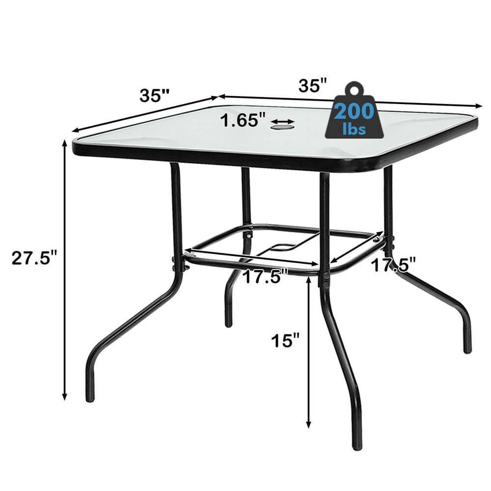 ANGELES HOME Black Square Metal Tempered Glass Outdoor Dining Table with Umbrella Hole