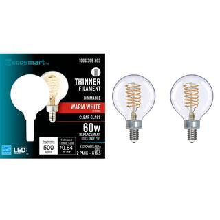 EcoSmart 60-Watt Equivalent G16.5 Dimmable Fine Bendy Filament LED Vintage Edison Light Bulb Warm White (2-Pack) G16.5C7E12822S