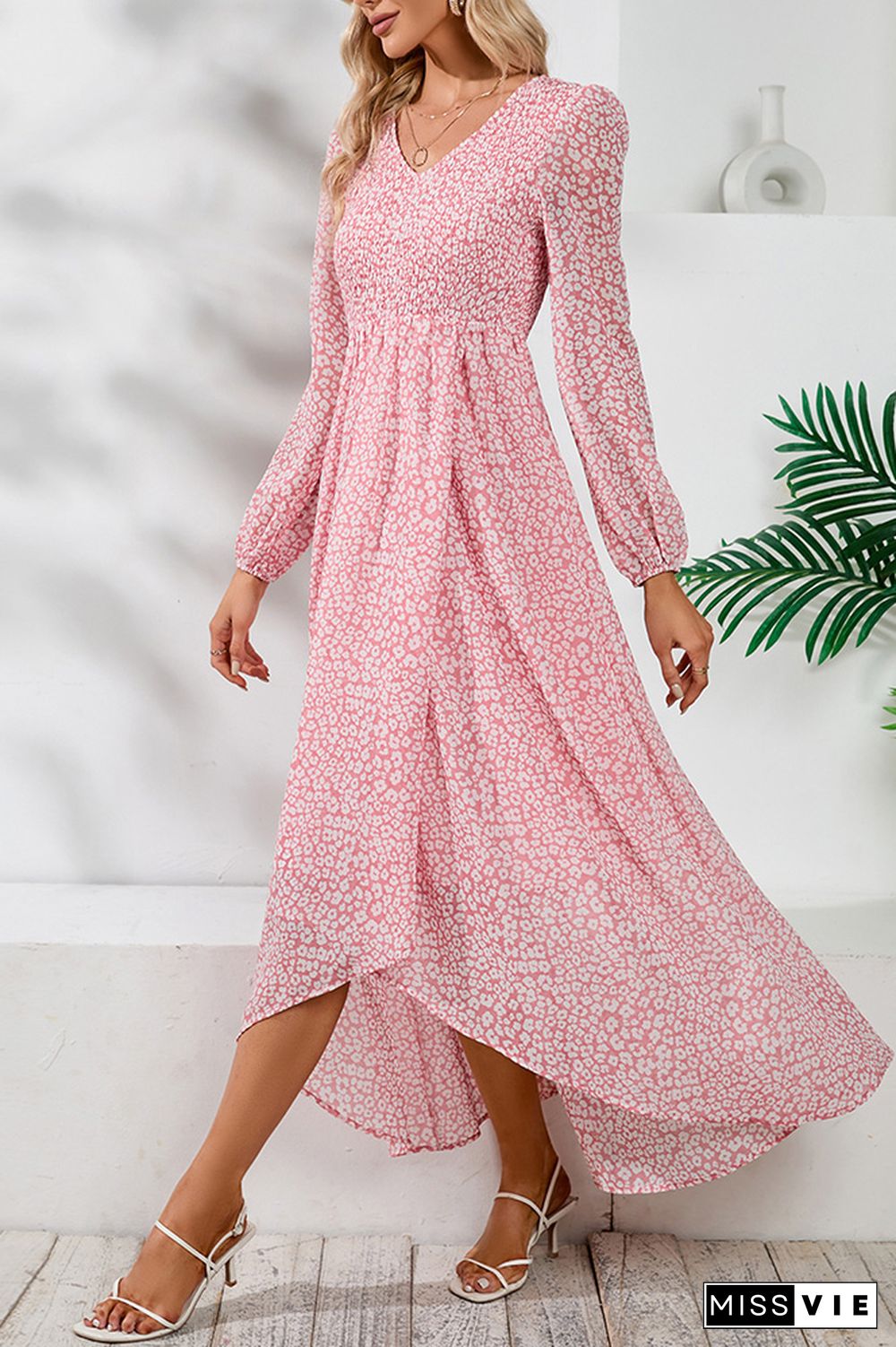 V Neck Puff Sleeves Split Printing Maxi Dress