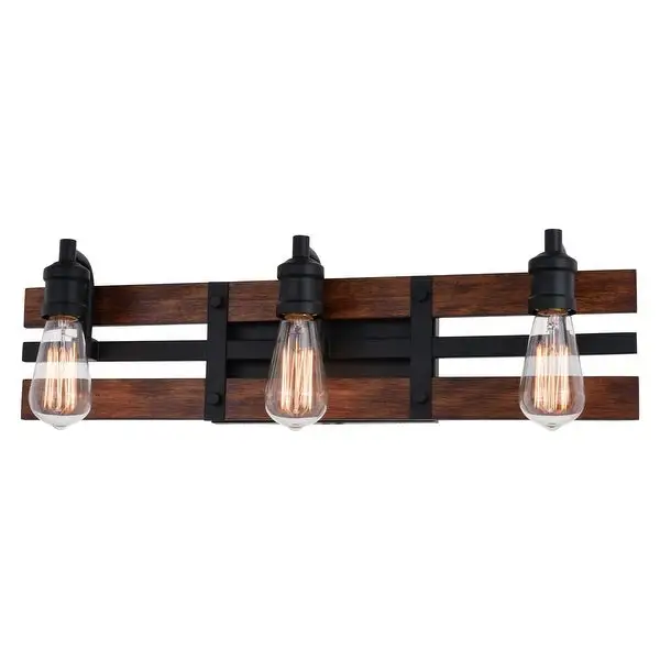 Carrington Black and Solid Wood Walnut Finish Slat Farmhouse Bathroom Vanity Light Fixture