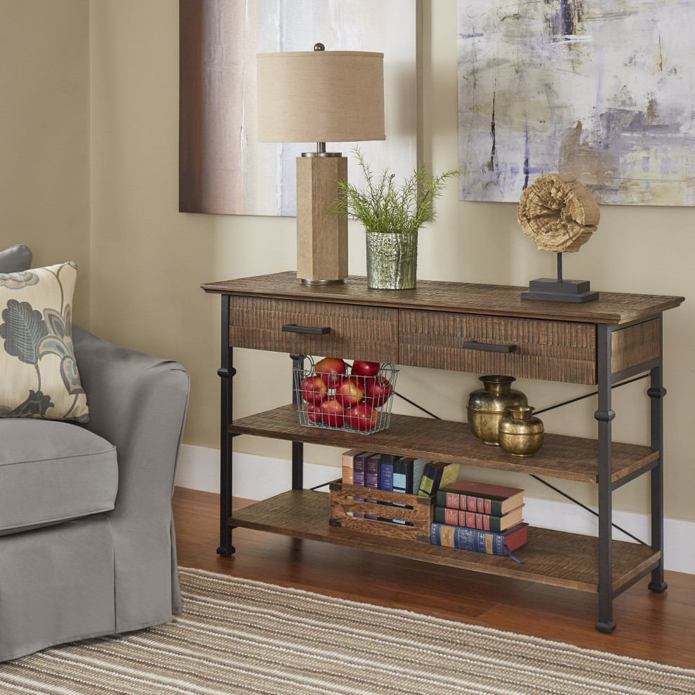 Rustic Console Table  Metal Frame With Poplar Wood Top  amp2 Ample Drawers  Brown   Industrial   Console Tables   by Decor Love  Houzz