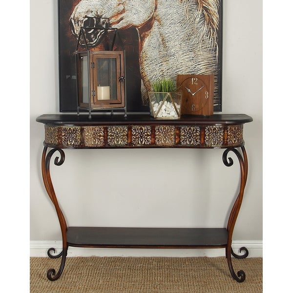 Traditional Brown Wood and Metal Console， Entryway， Hallway Table with Ornate Detailing and Round Edges， 43