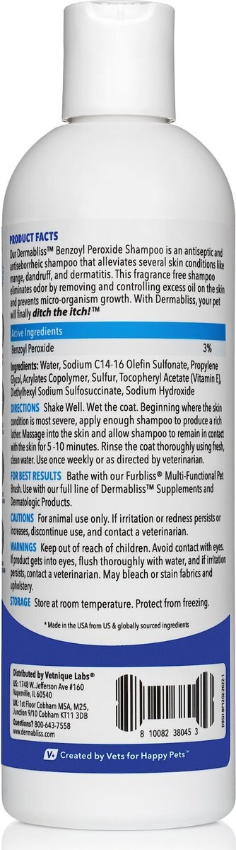 Vetnique Labs Dermabliss Fragrance-Free Benzoyl Peroxide Dog and Cat Shampoo， 16-oz bottle