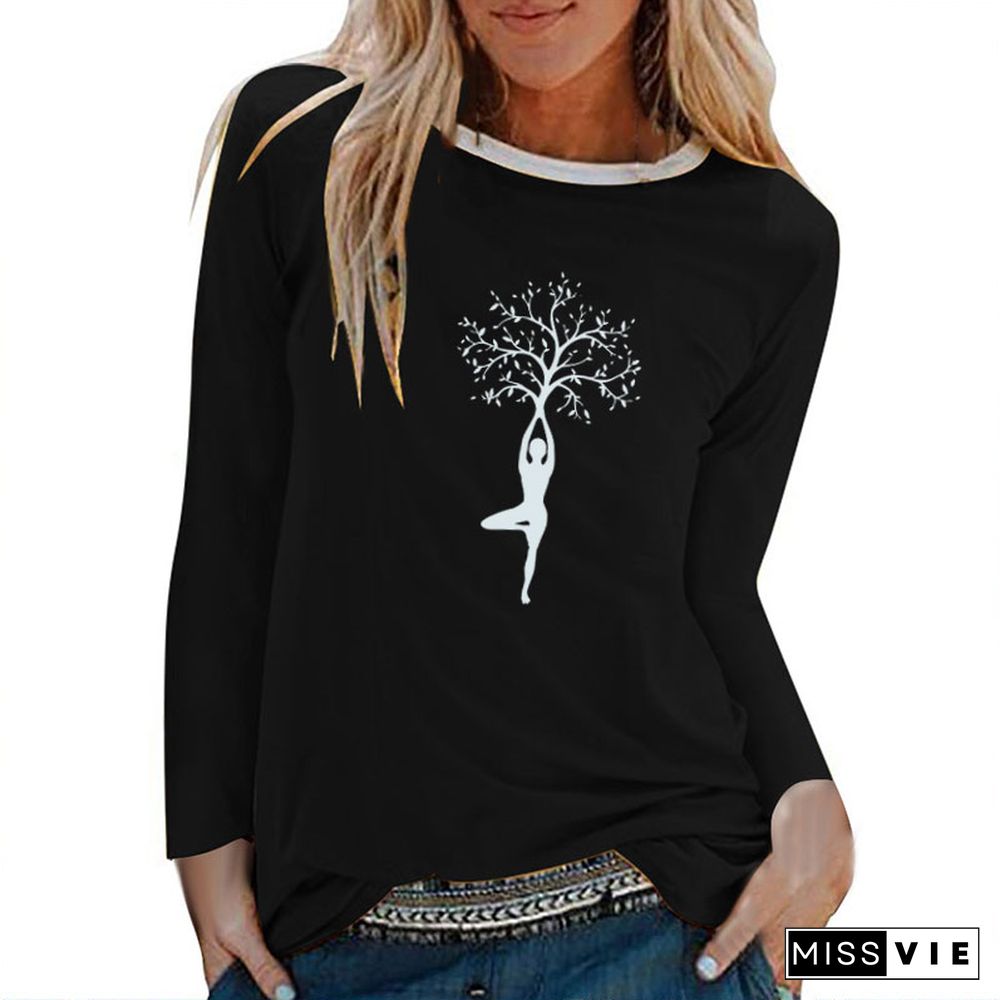 Lady Tree Print Long Sleeve T-shirts Women Autumn Winter ShirtsFor Women Cotton Graphic Tees Aesthetic White O Neck Tops Female