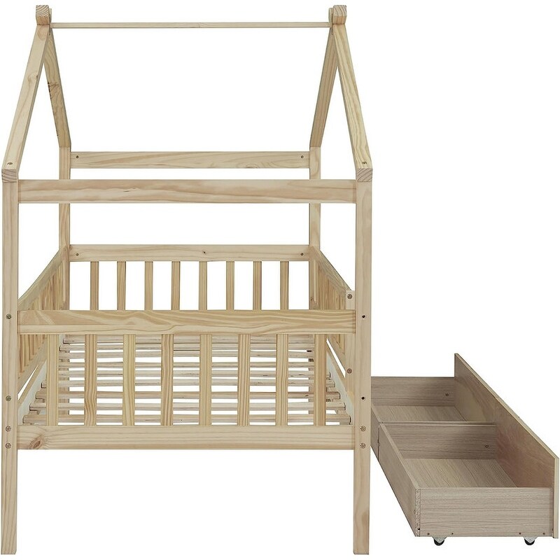 Twin House Bed with 2 Storage Drawers Rails and Roof for Kids