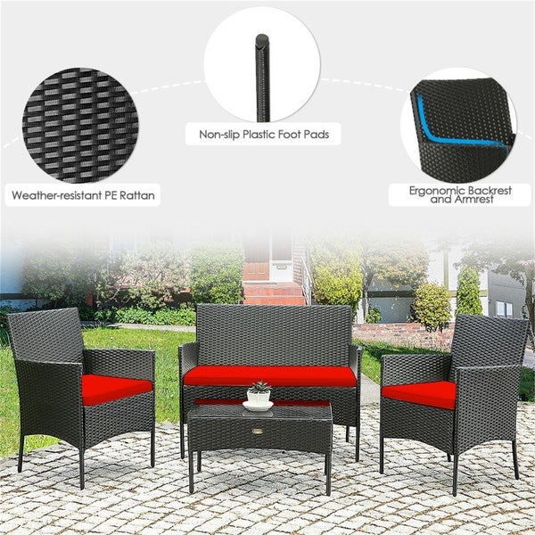 4 Pieces Patio Rattan Cushioned Sofa Set with Tempered Glass Table - Overstock - 37909382