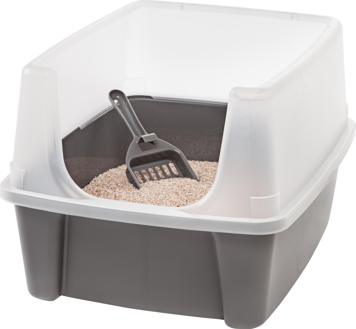 IRIS Open Top Cat Litter Tray with Scoop and Scatter Shield， Medium， Gray