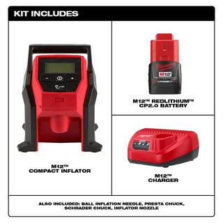 MW M12 Cordless Inflator w2.0 Ah Battery and Charger with M12 FUEL Brushless Cordless Stubby 38 in. Impact Wrench 2475-21CP-2554-20