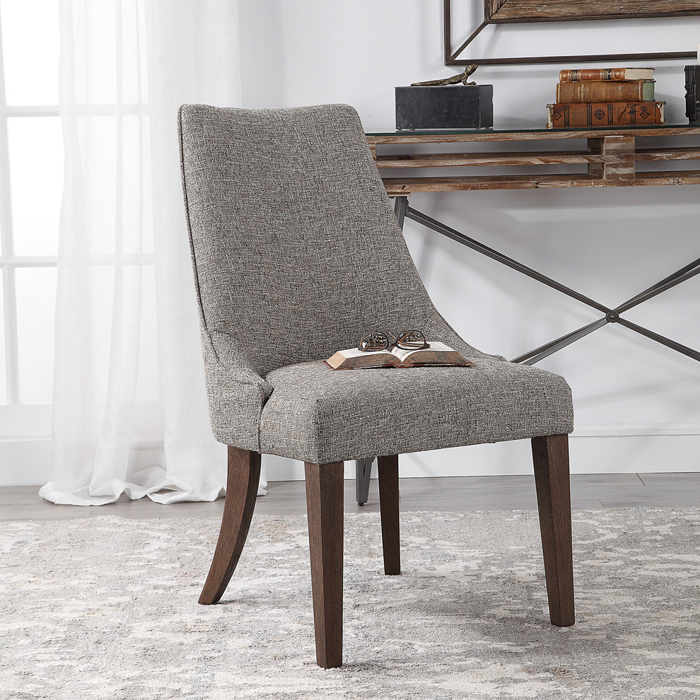 Casual Gray Brown Curved Accent Chair  Dark Exposed Wood Dining Earth Tone   Transitional   Dining Chairs   by My Swanky Home  Houzz