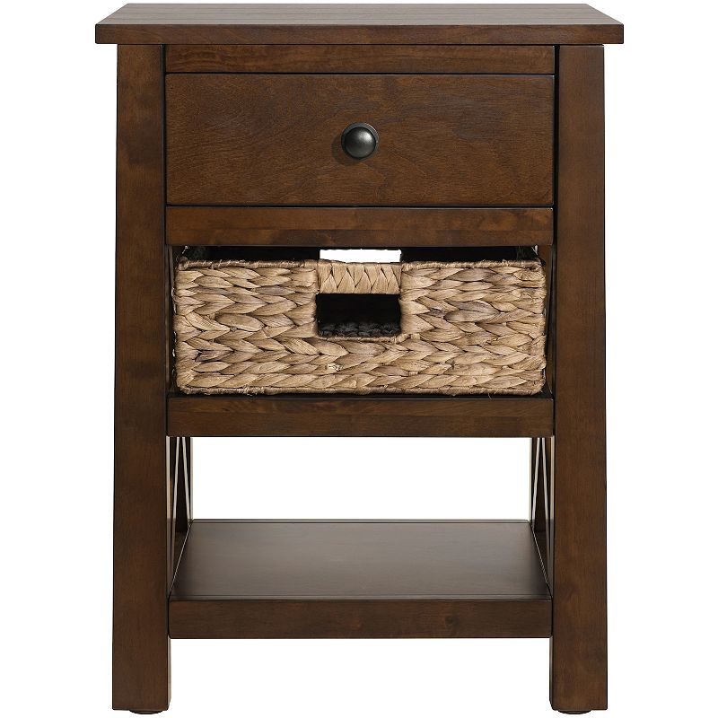 eHemco X-Side Solid End Table Nightstand with Drawer， 2 Storage Shelves and Wicker Basket