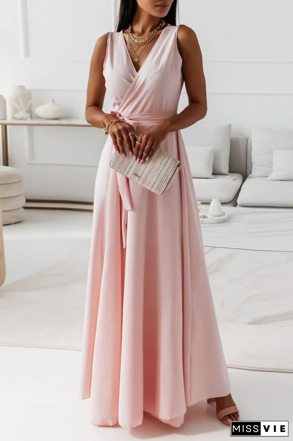 Pink Casual Solid Frenulum V Neck Long Dress Dresses