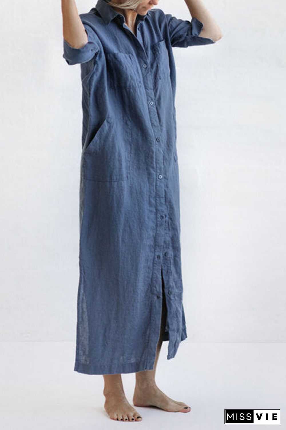 Linen Button Pockets Shirt Maxi Dress