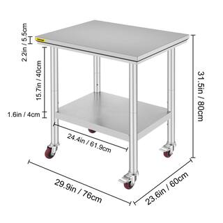 VEVOR Commercial Prep Table 29.9 x 23.6 in. Stainless Steel Table with Casters Kitchen Utility Table for RestaurantSilver SYGZT30X24INDJL01V0